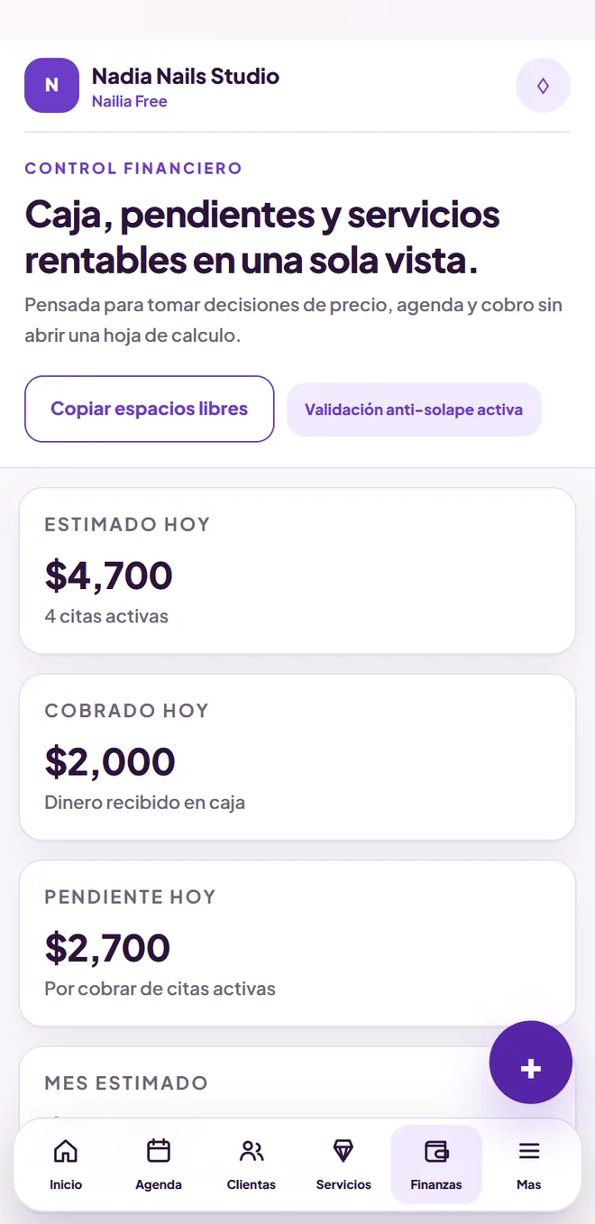 Pantalla de Finanzas en Nailia