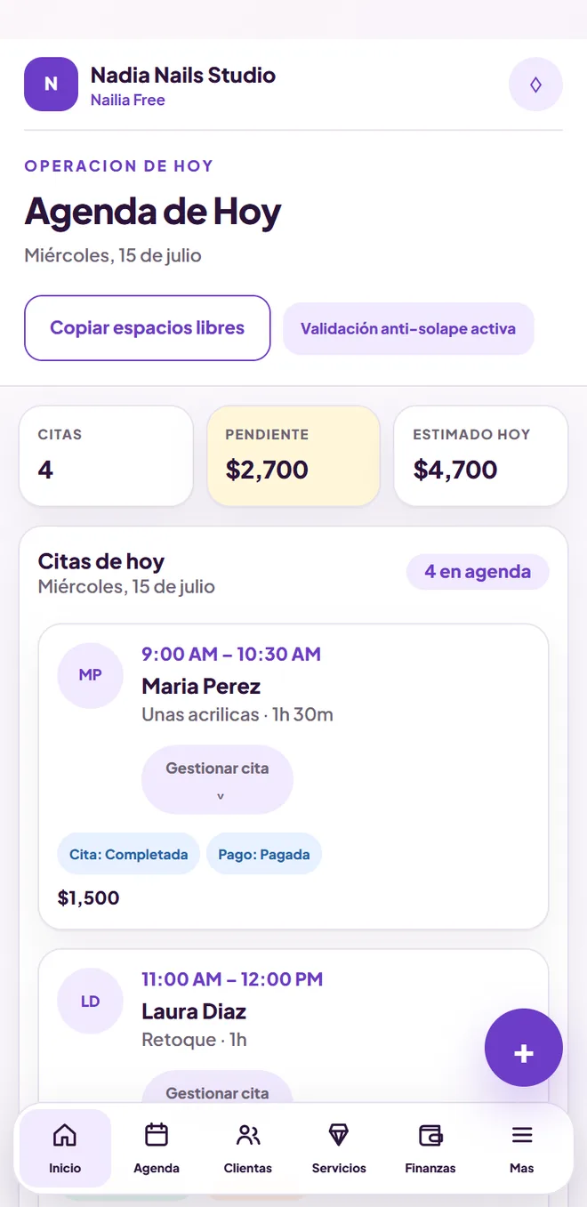 Pantalla de Agenda de hoy en Nailia
