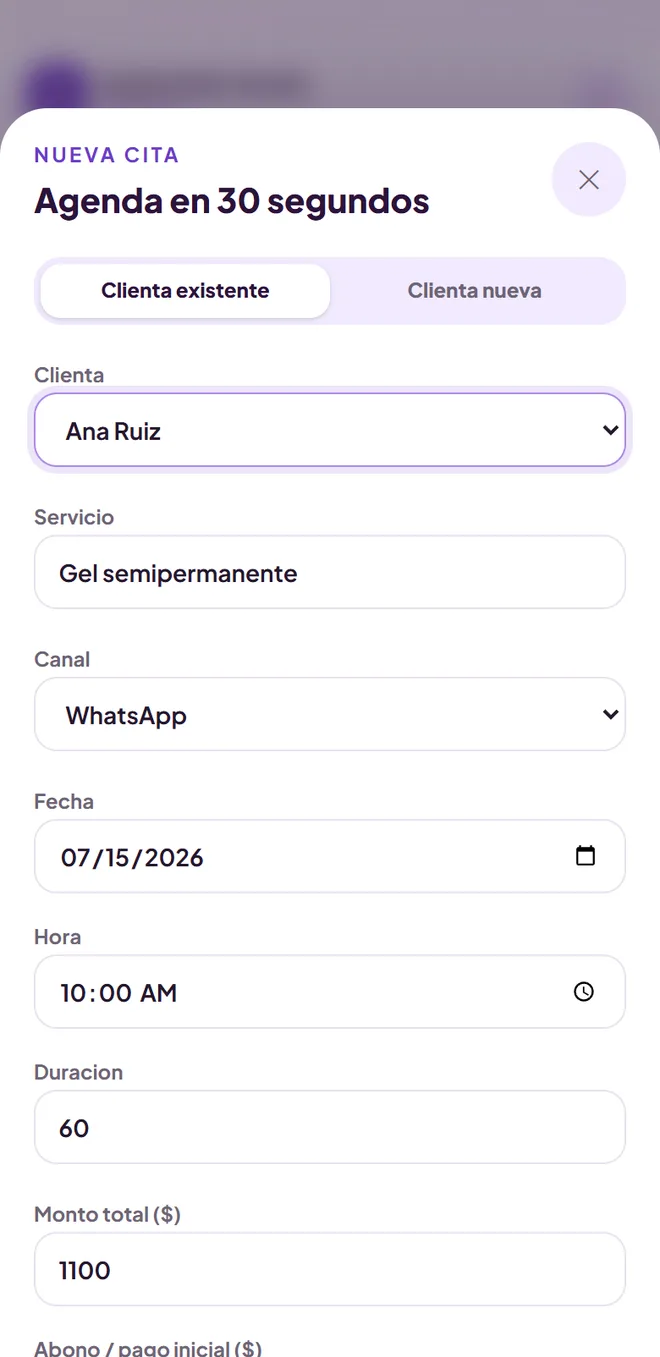 Pantalla de Nueva cita en Nailia