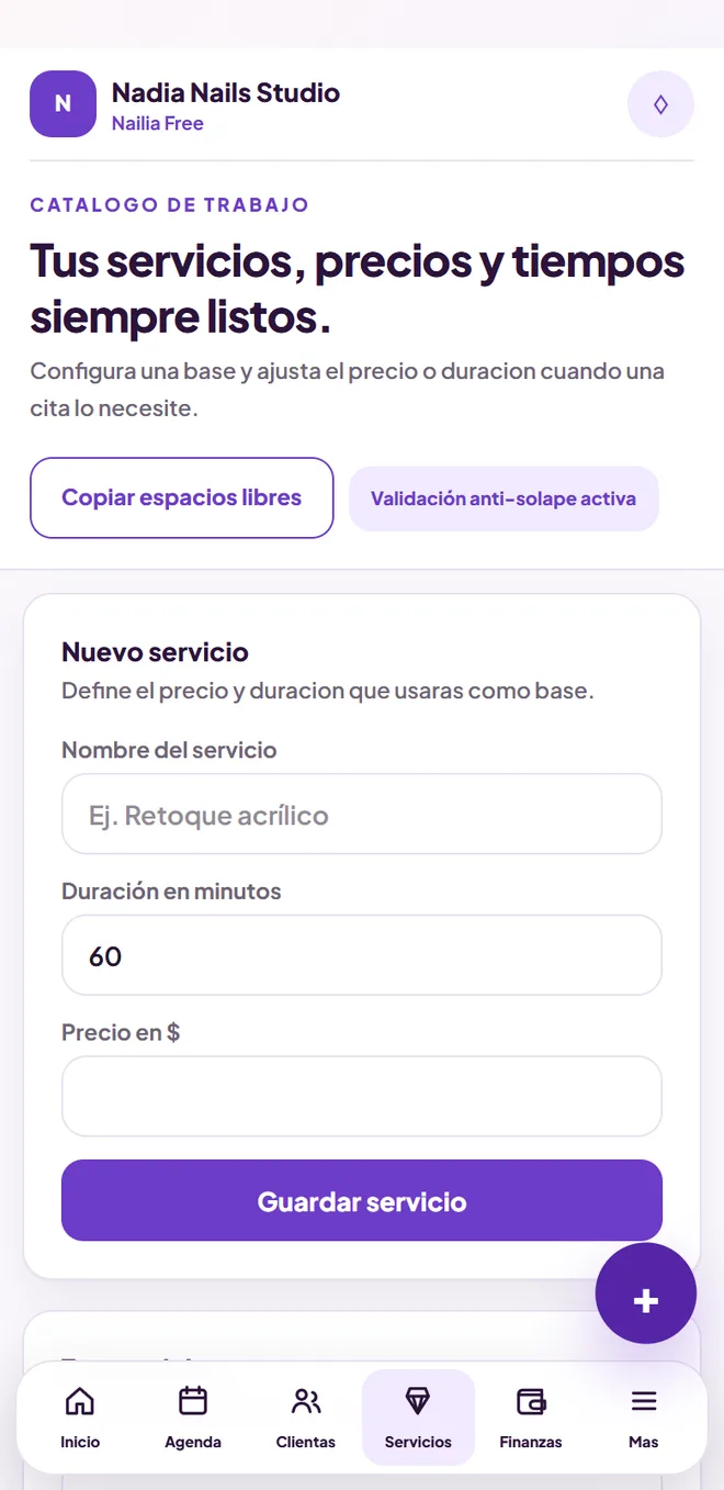Pantalla de Servicios en Nailia